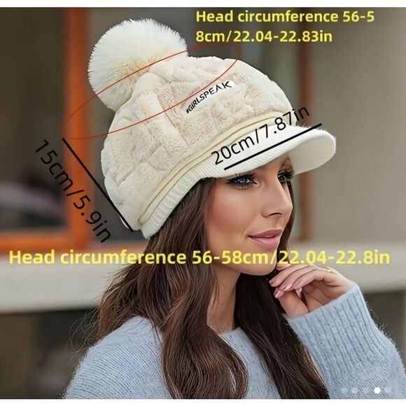 Tan Plush Pom-Pom Beret Hat With Visor Women’s Winter Warm Faux Fur Knit Interio - Picture 2 of 5
